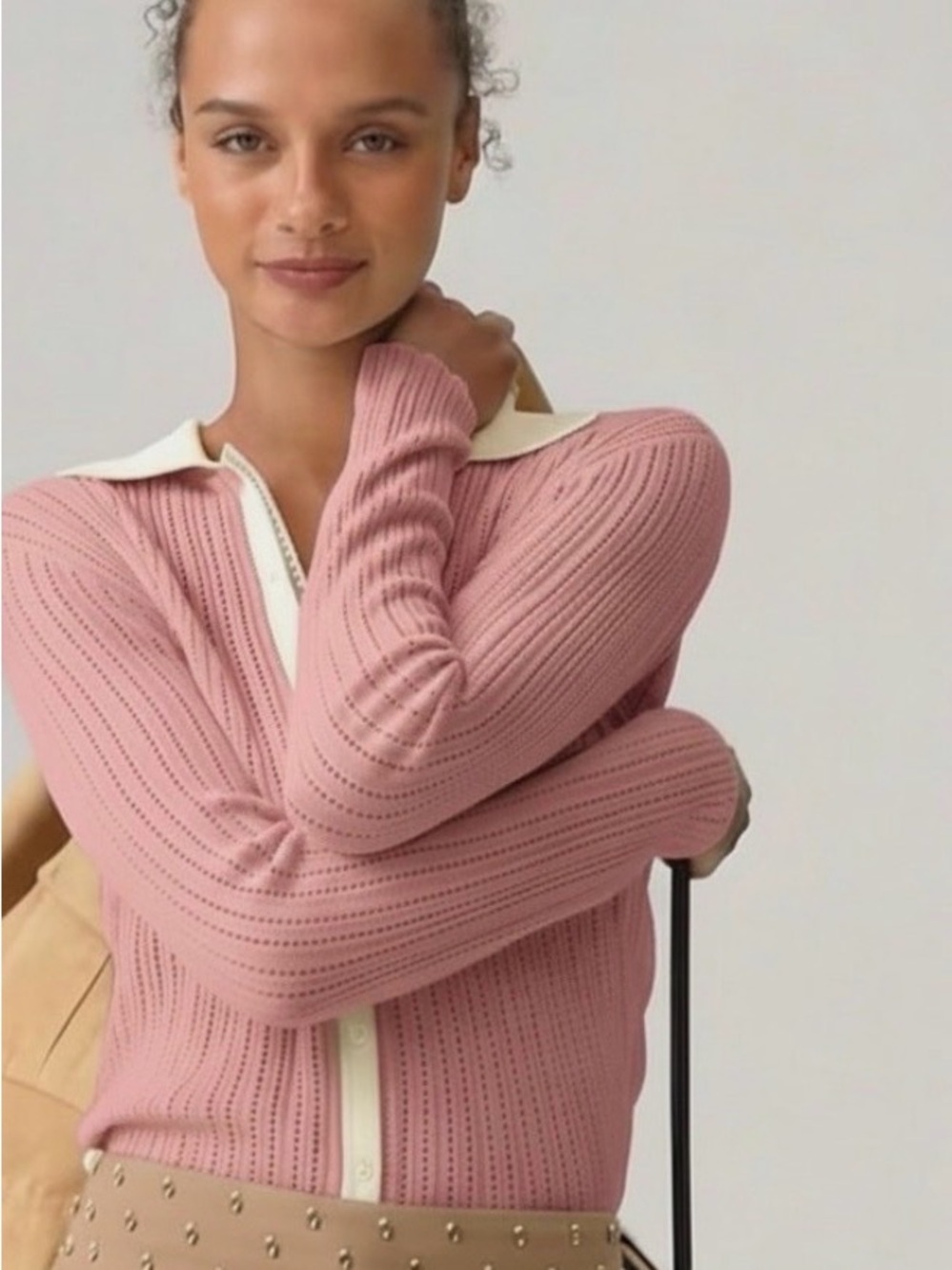 J. Crew Ribbed Tulle-Trim Sweater Ultra-Fine Cotton Peach Clay M